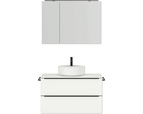 Badmöbel-Set NOBILIA Programm 3 BxHxT 101 x 169,1 x 48,7 cm Frontfarbe weiß matt mit Aufsatz-Waschtisch und Spiegelschrank 3-türig mit LED-Beleuchtung Griffleiste schwarz 449