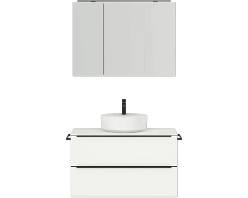 Badmöbel-Set NOBILIA Programm 3 BxHxT 101 x 169,1 x 48,7 cm Frontfarbe weiß matt mit Aufsatz-Waschtisch und Spiegelschrank 3-türig mit LED-Beleuchtung Griffleiste schwarz 449