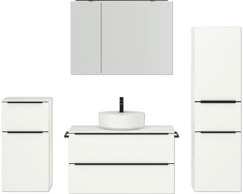 Set de meubles de salle de bains NOBILIA Programm 3 lxhxp 210 x 169,1 x 48,7 cm couleur de façade blanc mat avec vasque à poser et armoire de toilette à 3 portes avec éclairage LED meuble bas armoire midi barre de prise noire 473