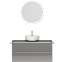 Badmöbel-Set NOBILIA Programm 3 BxHxT 121 x 169,1 x 48,7 cm Frontfarbe grau hochglanz mit Aufsatz-Waschtisch weiß und Spiegel rund mit LED-Beleuchtung Griffleiste chrom matt 516