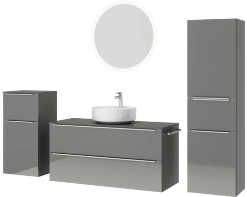 Badezimmerensemble mit Waschtisch, Spiegelschrank und Hochschrank