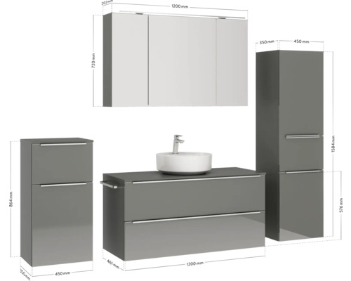 Badezimmer-Set mit Waschtischunterschrank, Aufsatzwaschbecken, Spiegelschrank und Hochschränken mit Maßangaben