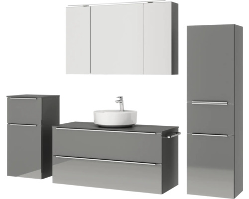 Modernes Badezimmermöbel-Set mit Waschtisch, Aufsatzwaschbecken, Spiegelschrank und Hochschränken