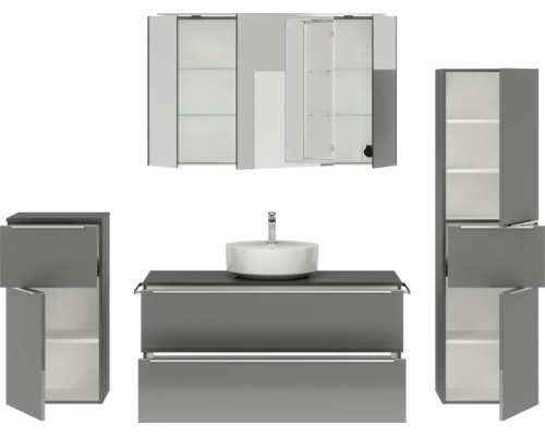 Badezimmermöbelset mit Waschbecken, Spiegelschrank und zwei Hochschränken