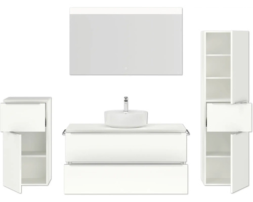 Ensemble de salle de bains avec lavabo, miroir et armoires hautes