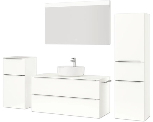 Ensemble de salle de bains avec meuble-lavabo, vasque à poser, armoire de toilette et armoires hautes
