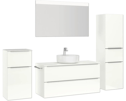 Ensemble de salle de bains avec meuble-lavabo, vasque, armoire de toilette et armoire haute