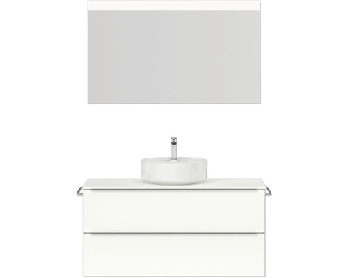 Badmöbel-Set NOBILIA Programm 3 BxHxT 121 x 169,1 x 48,7 cm Frontfarbe weiß hochglanz mit Aufsatz-Waschtisch weiß und Spiegel mit LED-Beleuchtung Griffleiste chrom matt 498 Waschtisch mit Aufsatzwaschbecken, Unterschrank und Spiegel für das Badezimmer