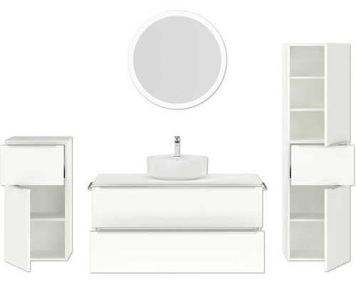 Salle de bains avec meuble-lavabo, lavabo à poser, armoire de toilette et deux armoires hautes