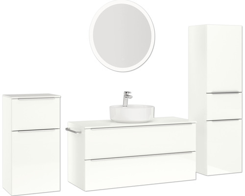 Ensemble de salle de bains avec meuble-lavabo, vasque à poser, armoire de toilette et armoire haute