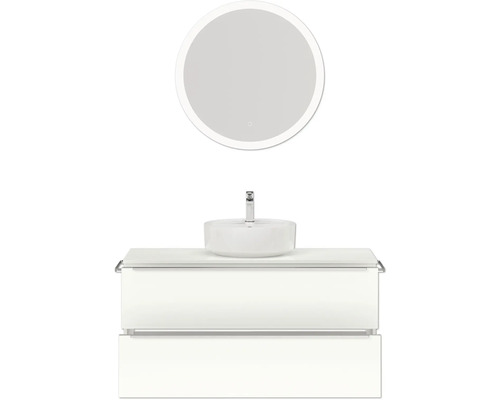 Meuble sous-lavabo avec vasque à poser, robinet et miroir rond avec éclairage