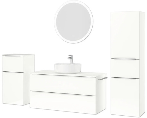 Ensemble de salle de bains avec meuble-lavabo, lavabo, armoire de toilette et armoire haute