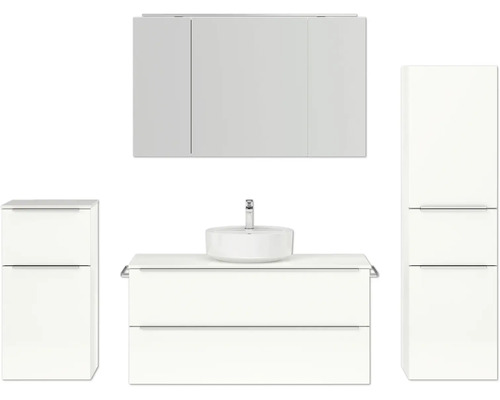 Badmöbel-Set NOBILIA Programm 3 BxHxT 230 x 169,1 x 48,7 cm Frontfarbe weiß hochglanz mit Aufsatz-Waschtisch und Spiegelschrank 3-türig mit LED-Beleuchtung Unterschrank Midischrank Griffleiste chrom matt 530 Badezimmerensemble mit Waschtisch, Aufsatzwaschbecken, Spiegelschrank und Hochschrank