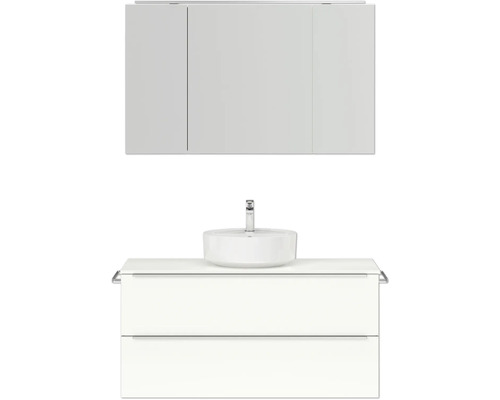 Set de meubles de salle de bains NOBILIA Programm 3 lxhxp 121 x 169,1 x 48,7 cm couleur de façade blanc haute brillance avec vasque à poser et armoire de toilette à 3 portes avec éclairage LED poignée barre chrome mat 506 Combinaison de lavabo avec vasque à poser et armoire de toilette pour la salle de bains