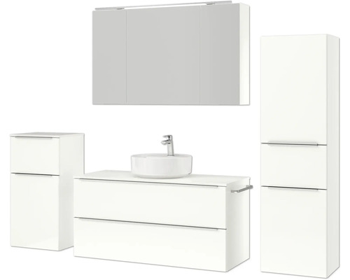 Ensemble de salle de bains avec meuble-lavabo, lavabo, armoire de toilette et armoire haute