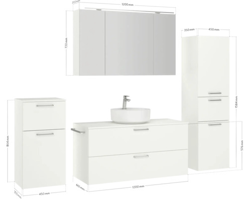 Badezimmer Möbelset mit Waschtisch, Spiegelschrank und Hochschränken mit Maßangaben