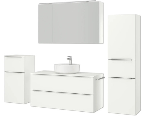 Badezimmer-Set mit Waschtisch, Aufsatzwaschbecken, Spiegelschrank und Seitenschränken