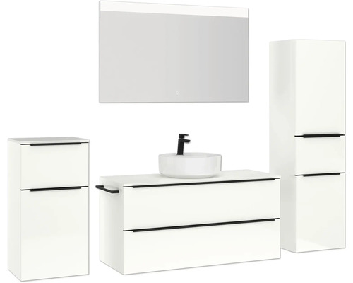 Salle de bains avec meuble-lavabo, miroir, vasque à poser et armoire haute