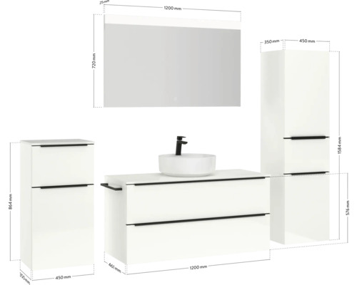Ensemble de salle de bains avec meuble-lavabo, lavabo à poser, miroir et armoires hautes avec dimensions