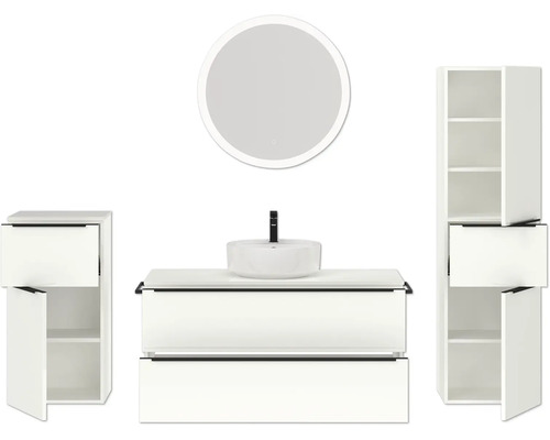 Badezimmerensemble mit Waschtisch, Spiegel und Hochschränken