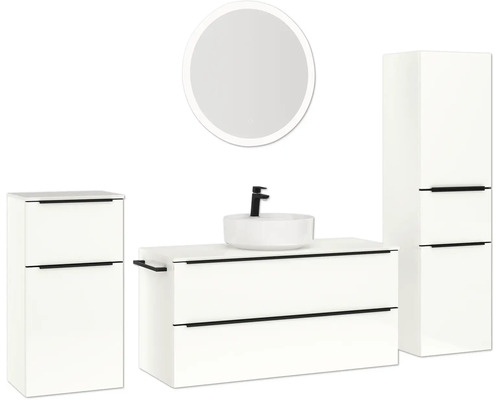 Modernes Badezimmerensemble mit Waschtisch, Aufsatzwaschbecken, Spiegelschrank und Hochschrank