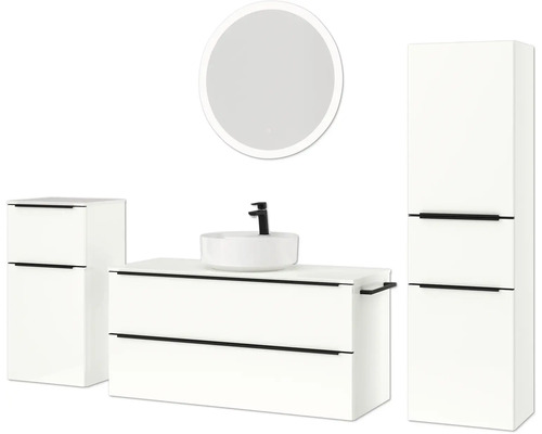 Badezimmerensemble mit Waschtisch, Aufsatzwaschbecken, Spiegelschrank und Hochschrank