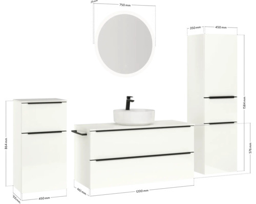 Badezimmer-Set mit Waschtisch, Aufsatzwaschbecken, Spiegelschrank und Seitenschrank inklusive Maßangaben