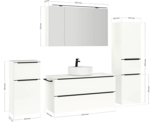 Badezimmer Set mit Waschbeckenunterschrank, Waschbecken, Spiegelschrank und Hochschränken mit Größenangaben