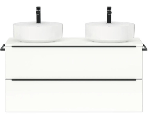 Set double de meubles de salle de bains NOBILIA Programm 3 lxhxp 121 x 59,1 x 48,7 cm couleur de façade blanc haute brillance avec vasque à poser barre de poignée noir 547
