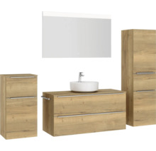 Badmöbel-Set NOBILIA Programm 3 BxHxT 230 x 169,1 x 48,7 cm Frontfarbe eiche natur mit Aufsatz-Waschtisch weiß und Spiegel mit LED-Beleuchtung Midischrank Unterschrank Griffleiste chrom matt 526