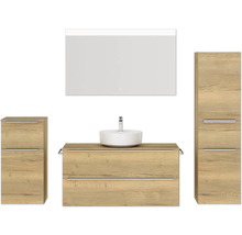 Badmöbel-Set NOBILIA Programm 3 BxHxT 230 x 169,1 x 48,7 cm Frontfarbe eiche natur mit Aufsatz-Waschtisch weiß und Spiegel mit LED-Beleuchtung Midischrank Unterschrank Griffleiste chrom matt 526