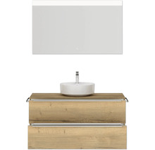 Badmöbel-Set NOBILIA Programm 3 BxHxT 121 x 169,1 x 48,7 cm Frontfarbe eiche natur mit Aufsatz-Waschtisch weiß und Spiegel mit LED-Beleuchtung Griffleiste chrom matt 502