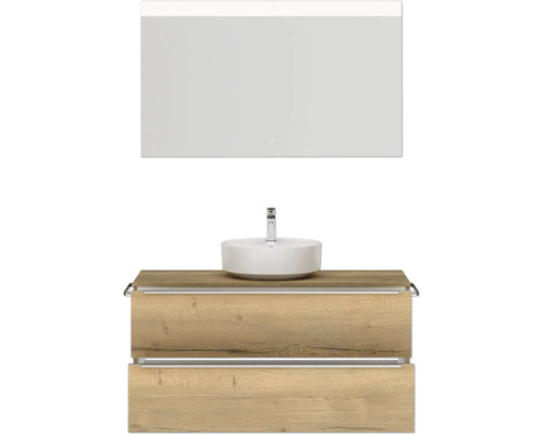 Meuble-lavabo avec lavabo à poser et miroir avec éclairage