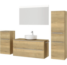 Badmöbel-Set NOBILIA Programm 3 BxHxT 230 x 169,1 x 48,7 cm Frontfarbe eiche natur mit Aufsatz-Waschtisch weiß und Spiegel mit LED-Beleuchtung Midischrank Unterschrank Griffleiste chrom matt 526