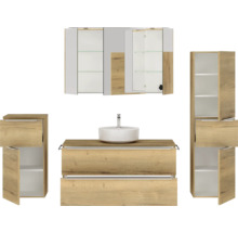Badmöbel-Set NOBILIA Programm 3 BxHxT 230 x 169,1 x 48,7 cm Frontfarbe eiche natur mit Aufsatz-Waschtisch und Spiegelschrank 3-türig mit LED-Beleuchtung Unterschrank Midischrank Griffleiste chrom matt 534