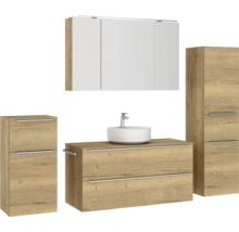 Badmöbel-Set NOBILIA Programm 3 BxHxT 230 x 169,1 x 48,7 cm Frontfarbe eiche natur mit Aufsatz-Waschtisch und Spiegelschrank 3-türig mit LED-Beleuchtung Unterschrank Midischrank Griffleiste chrom matt 534
