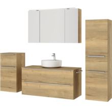 Badmöbel-Set NOBILIA Programm 3 BxHxT 230 x 169,1 x 48,7 cm Frontfarbe eiche natur mit Aufsatz-Waschtisch und Spiegelschrank 3-türig mit LED-Beleuchtung Unterschrank Midischrank Griffleiste chrom matt 534