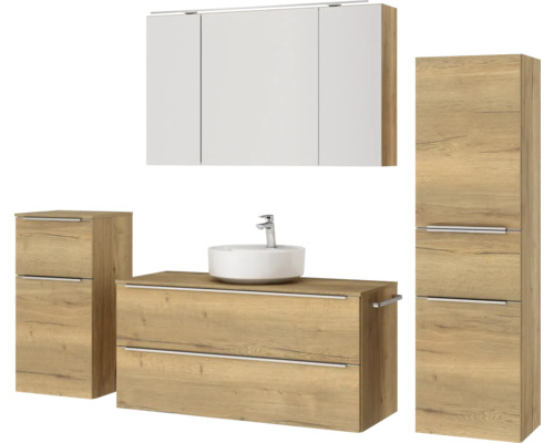 Badezimmerset mit Waschtisch, Waschbecken, Spiegelschrank und Hochschrank