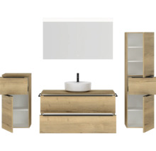 Badmöbel-Set NOBILIA Programm 3 BxHxT 230 x 169,1 x 48,7 cm Frontfarbe eiche natur mit Aufsatz-Waschtisch weiß und Spiegel mit LED-Beleuchtung Midischrank Unterschrank Griffleiste schwarz 527