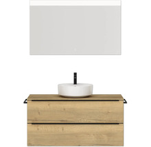 Badmöbel-Set NOBILIA Programm 3 BxHxT 121 x 169,1 x 48,7 cm Frontfarbe eiche natur mit Aufsatz-Waschtisch weiß und Spiegel mit LED-Beleuchtung Griffleiste schwarz 503
