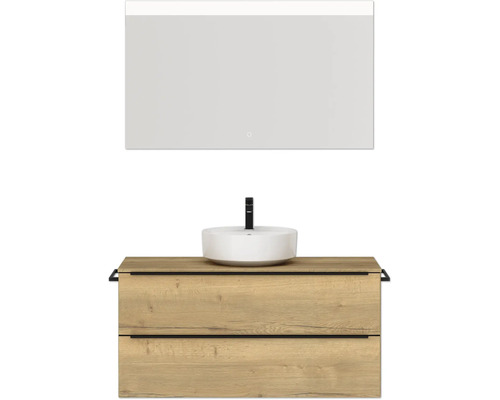 Badmöbel-Set NOBILIA Programm 3 BxHxT 121 x 169,1 x 48,7 cm Frontfarbe eiche natur mit Aufsatz-Waschtisch weiß und Spiegel mit LED-Beleuchtung Griffleiste schwarz 503 Badezimmer Waschtischkombination mit Spiegel, Aufsatzwaschbecken und zwei Schubladen