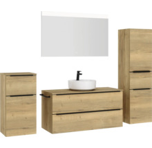 Badmöbel-Set NOBILIA Programm 3 BxHxT 230 x 169,1 x 48,7 cm Frontfarbe eiche natur mit Aufsatz-Waschtisch weiß und Spiegel mit LED-Beleuchtung Midischrank Unterschrank Griffleiste schwarz 527
