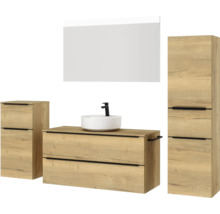 Badmöbel-Set NOBILIA Programm 3 BxHxT 230 x 169,1 x 48,7 cm Frontfarbe eiche natur mit Aufsatz-Waschtisch weiß und Spiegel mit LED-Beleuchtung Midischrank Unterschrank Griffleiste schwarz 527