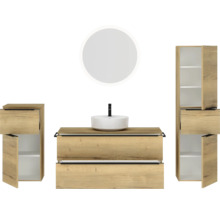 Badmöbel-Set NOBILIA Programm 3 BxHxT 230 x 169,1 x 48,7 cm Frontfarbe eiche natur mit Aufsatz-Waschtisch weiß und Spiegel rund mit LED-Beleuchtung Midischrank Unterschrank Griffleiste schwarz 543