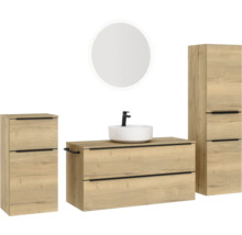 Badezimmer-Set mit Waschtisch, Waschbecken, Armatur, Spiegelschrank und Hochschrank im Holzdesign