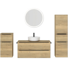 Badmöbel-Set NOBILIA Programm 3 BxHxT 230 x 169,1 x 48,7 cm Frontfarbe eiche natur mit Aufsatz-Waschtisch weiß und Spiegel rund mit LED-Beleuchtung Midischrank Unterschrank Griffleiste schwarz 543