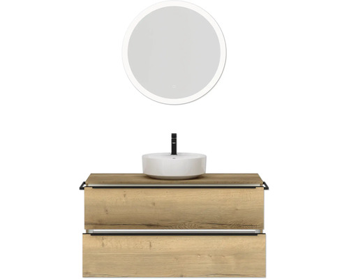 Meuble-lavabo de salle de bains avec miroir rond et vasque à poser