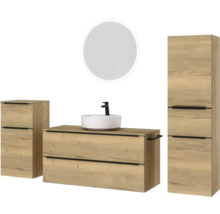 Badezimmerensemble mit Waschtischunterschrank, Waschbecken, Spiegelschrank und Hochschrank