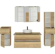 Badmöbel-Set NOBILIA Programm 3 BxHxT 230 x 169,1 x 48,7 cm Frontfarbe eiche natur mit Aufsatz-Waschtisch und Spiegelschrank 3-türig mit LED-Beleuchtung Unterschrank Midischrank Griffleiste schwarz 535
