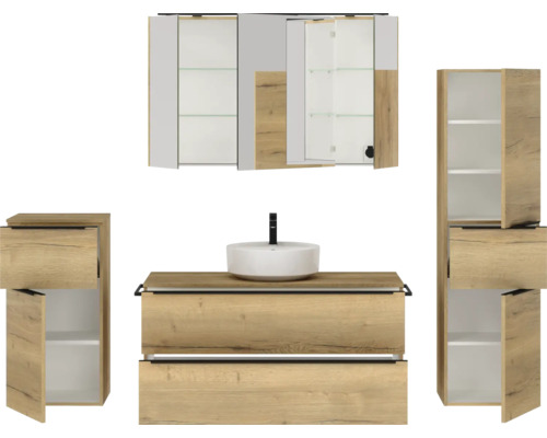 Badezimmermöbel Set mit Waschtisch, Waschbecken, Spiegelschrank und Hochschrank
